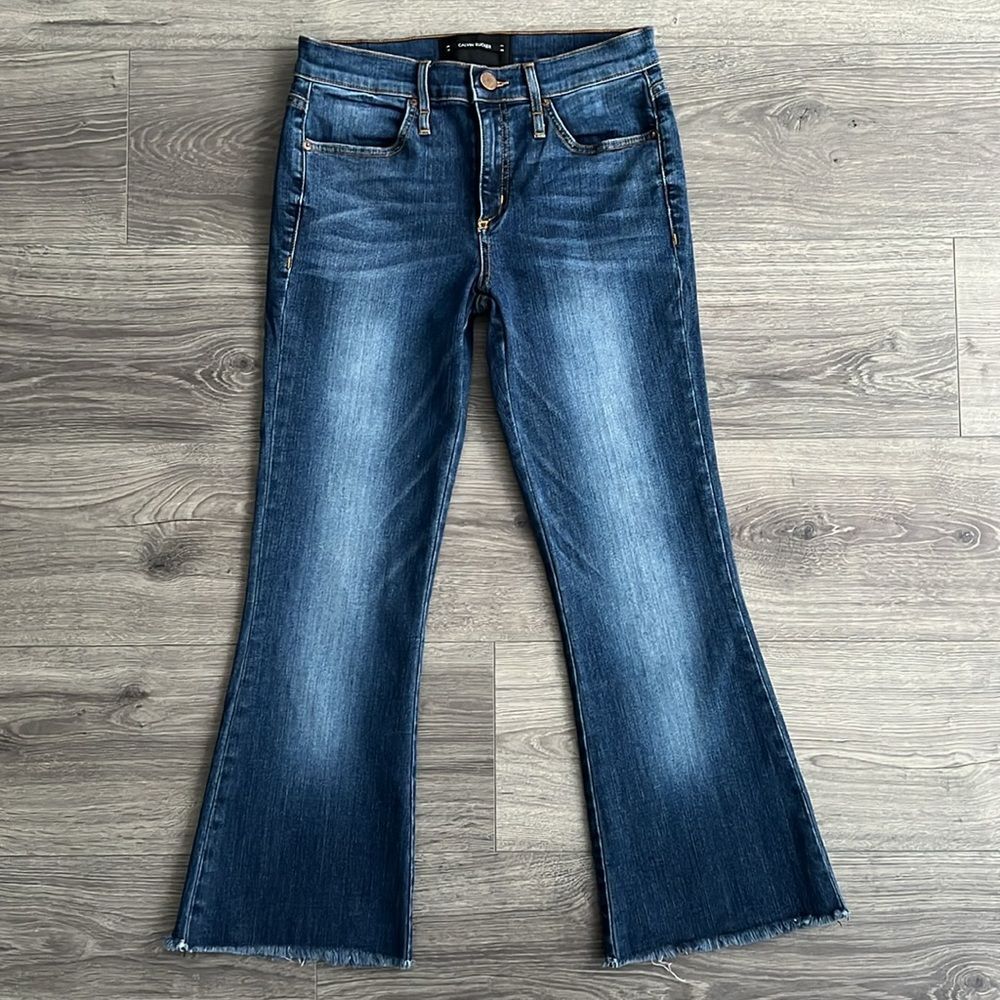 CALVIN RUCKER True Love Flare Jeans Size 27 Dark Blue Frayed Hem Mid Rise Boho